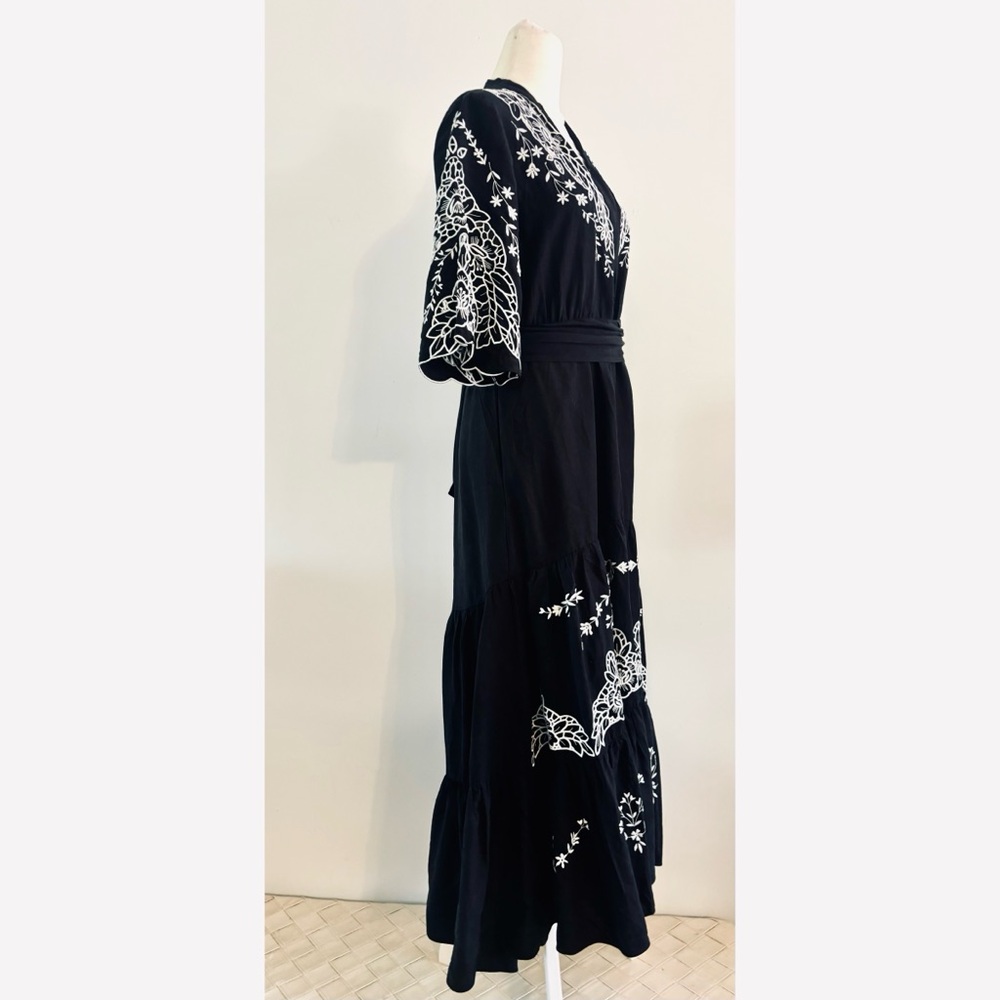 Kobi Halperin Black Maxi Dress with White Floral Embroidery, Ruffles-Small - Picture 2 of 11